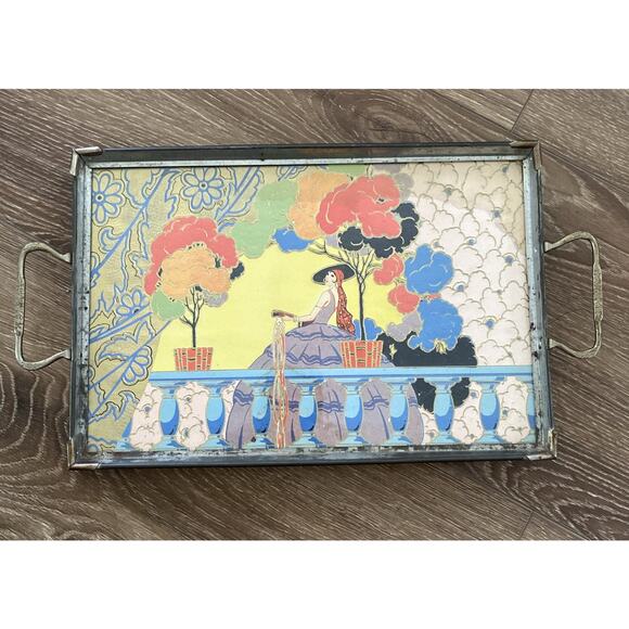 Pierrot Tray 1930 Pochoir Art Nouveau Gatsby Cocktail Litho Rare Leather Bottom - Picture 1 of 10